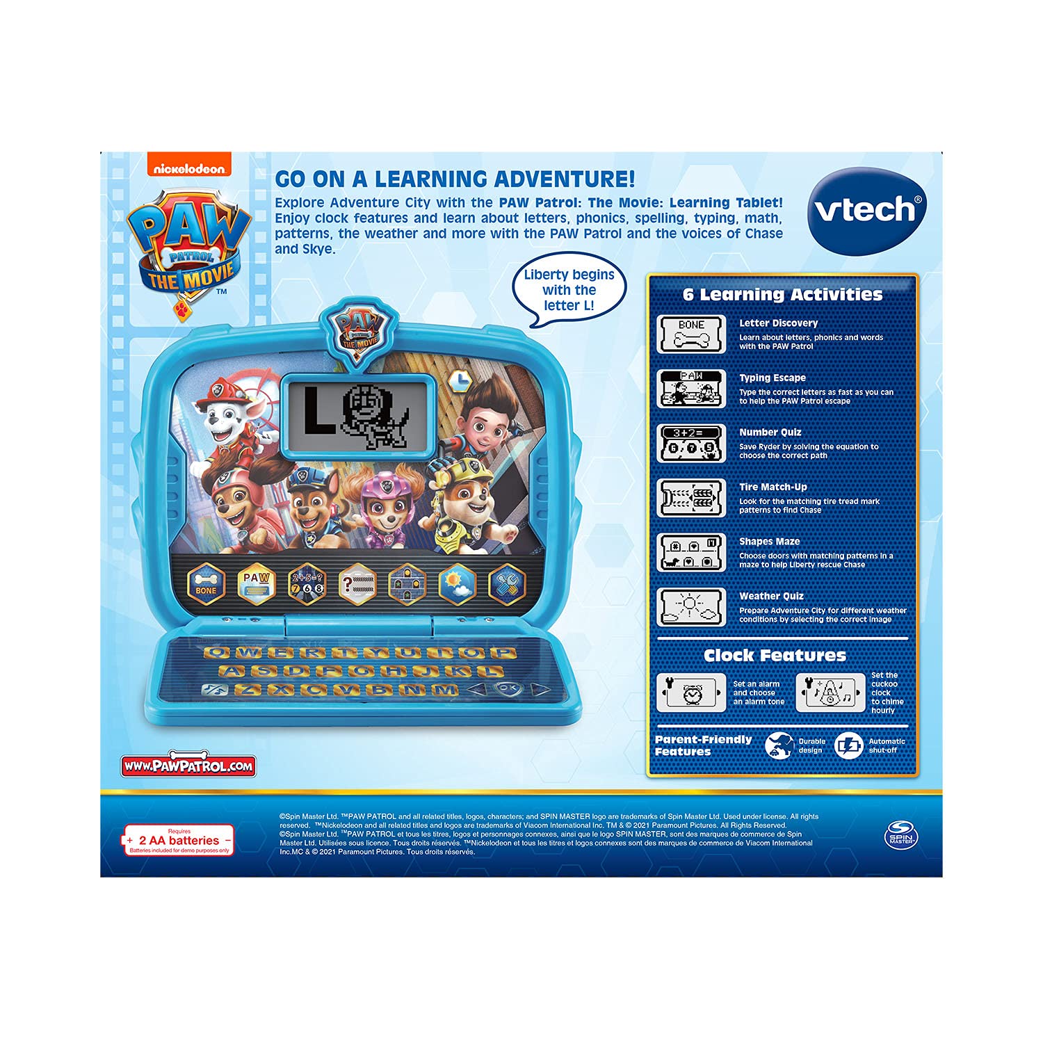 VTech tablet PAW Patrol junto a pilas AA para escala, fácil de reemplazar y usar