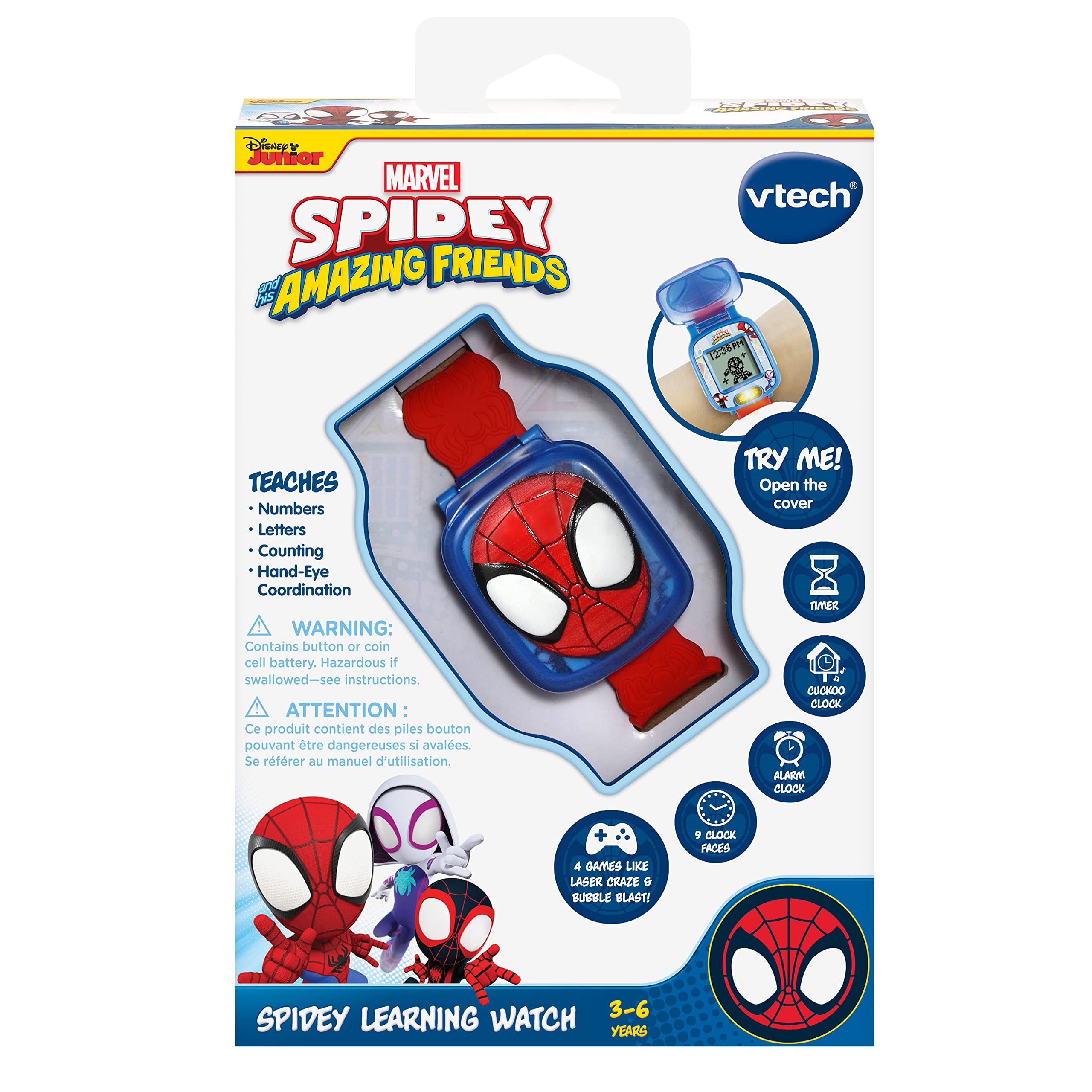 VTech Spidey etiqueta y compartimento de batería informando sobre pila incluida