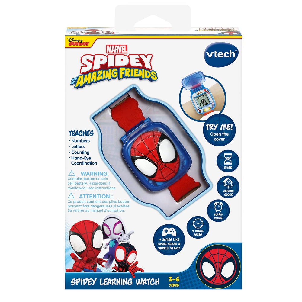 VTech Spidey etiqueta y compartimento de batería informando sobre pila incluida