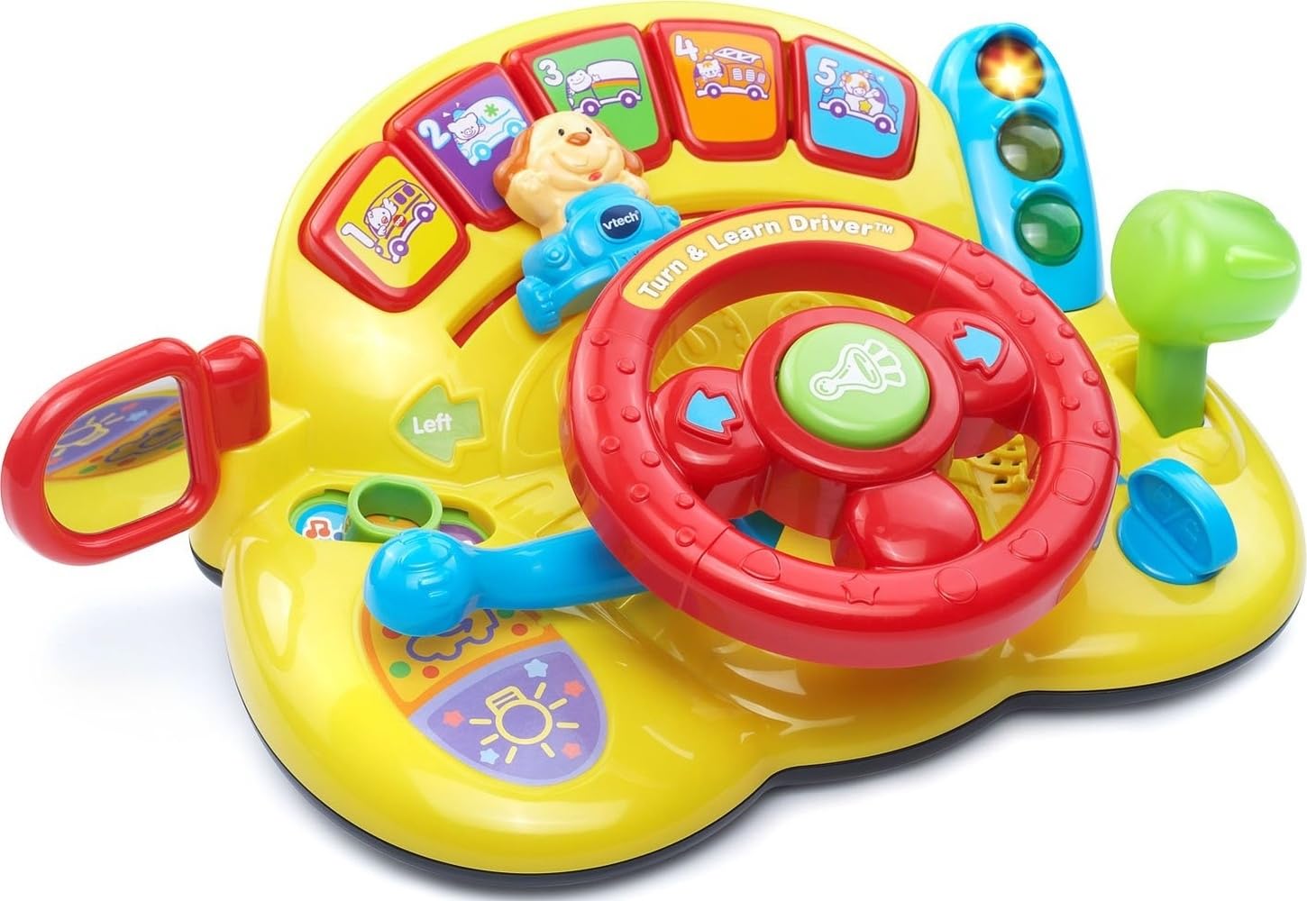VTech volante frontal amarillo mostrando luces y bocina para juego seguro