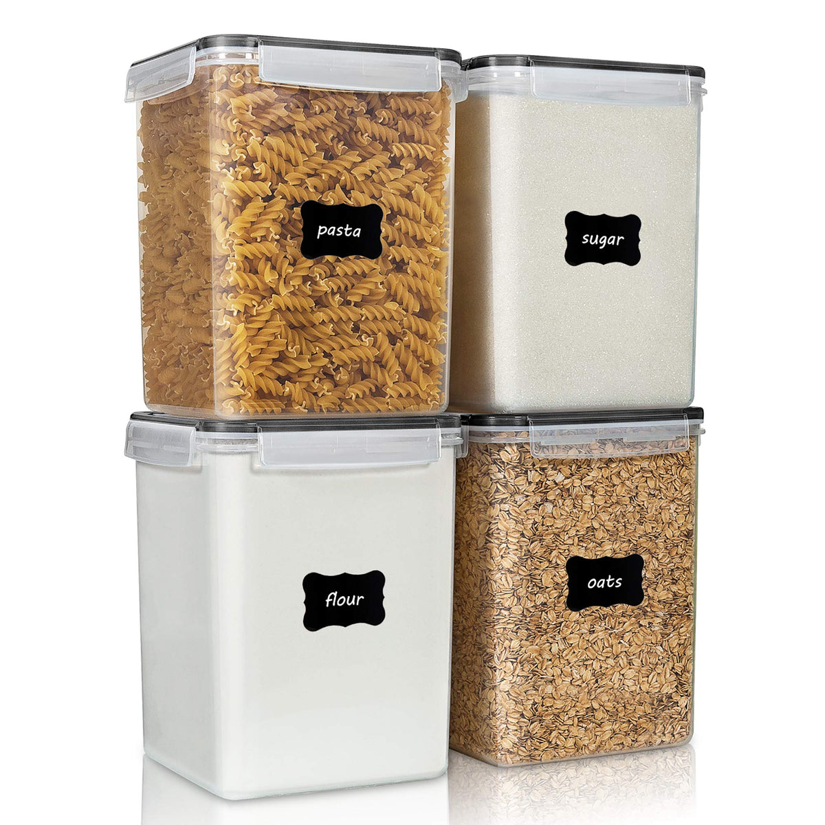 Vtopmart front view of four black-lidded canisters showing neat organization