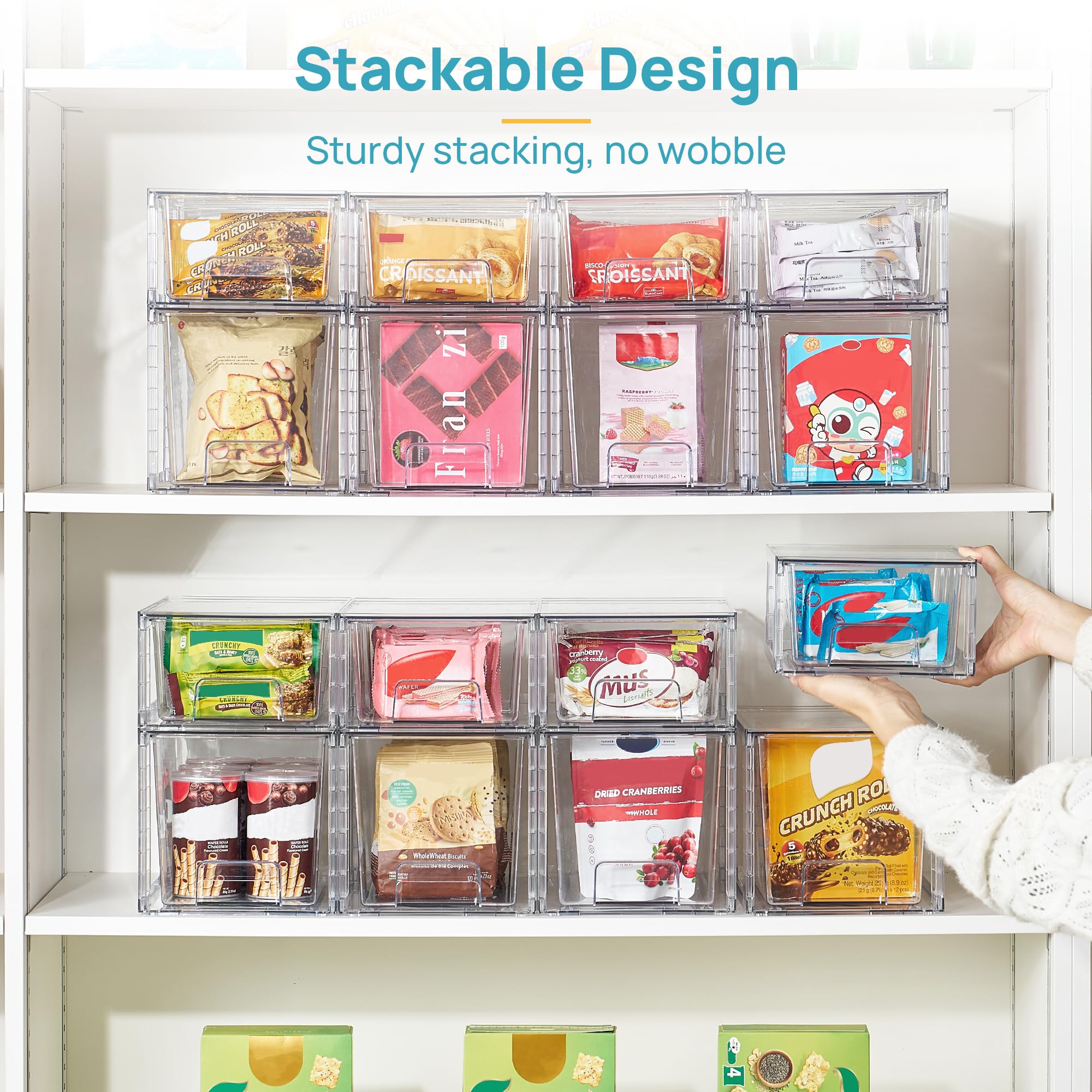 Vtopmart cajones en despensa con snacks y latas, optimiza almacenamiento diario
