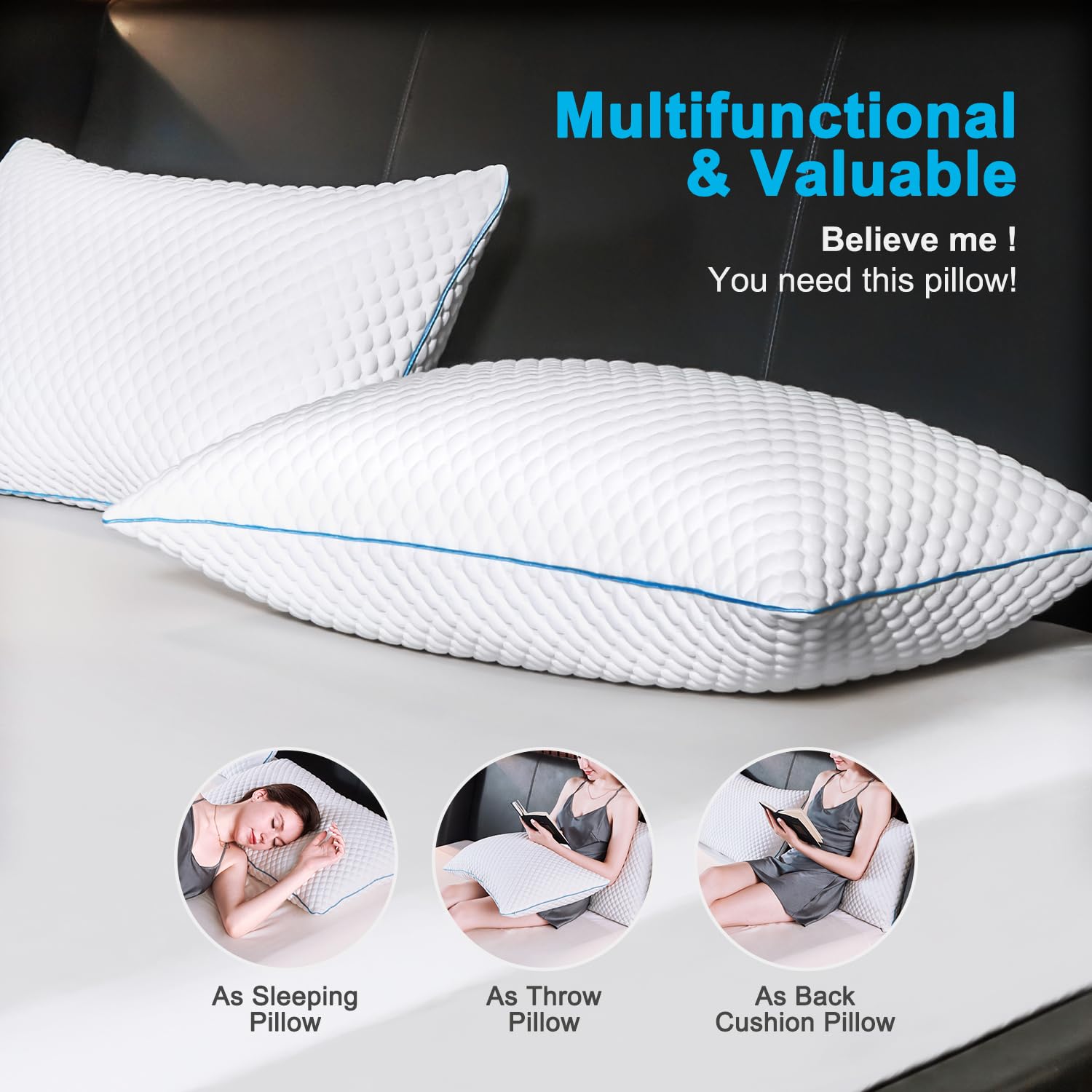 VVZ persona apoyada leyendo, almohada VVZ proporcionando buen respaldo