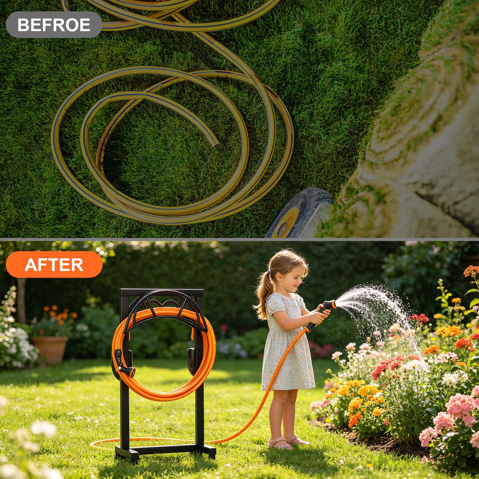 VyGrow beside hose for size comparison showing capacity for up to 150 ft hose