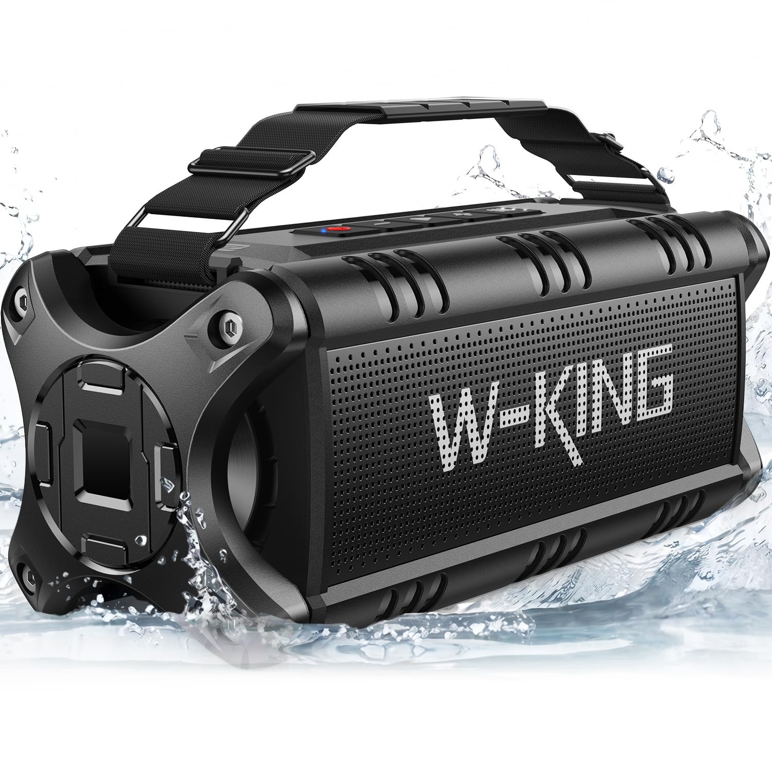 W-KING altavoz frontal mostrando rejilla y diseño robusto, potencia visible