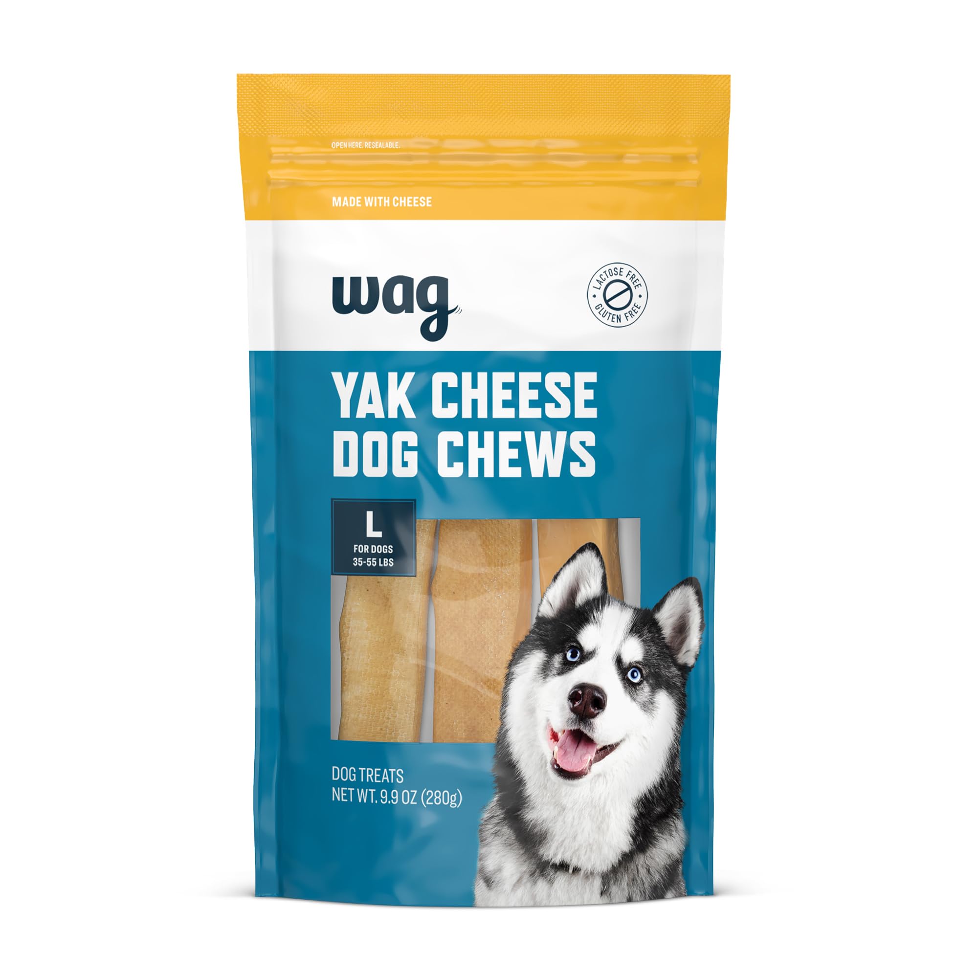 WAG Yak Cheese frontal del paquete mostrando tres masticables y beneficios