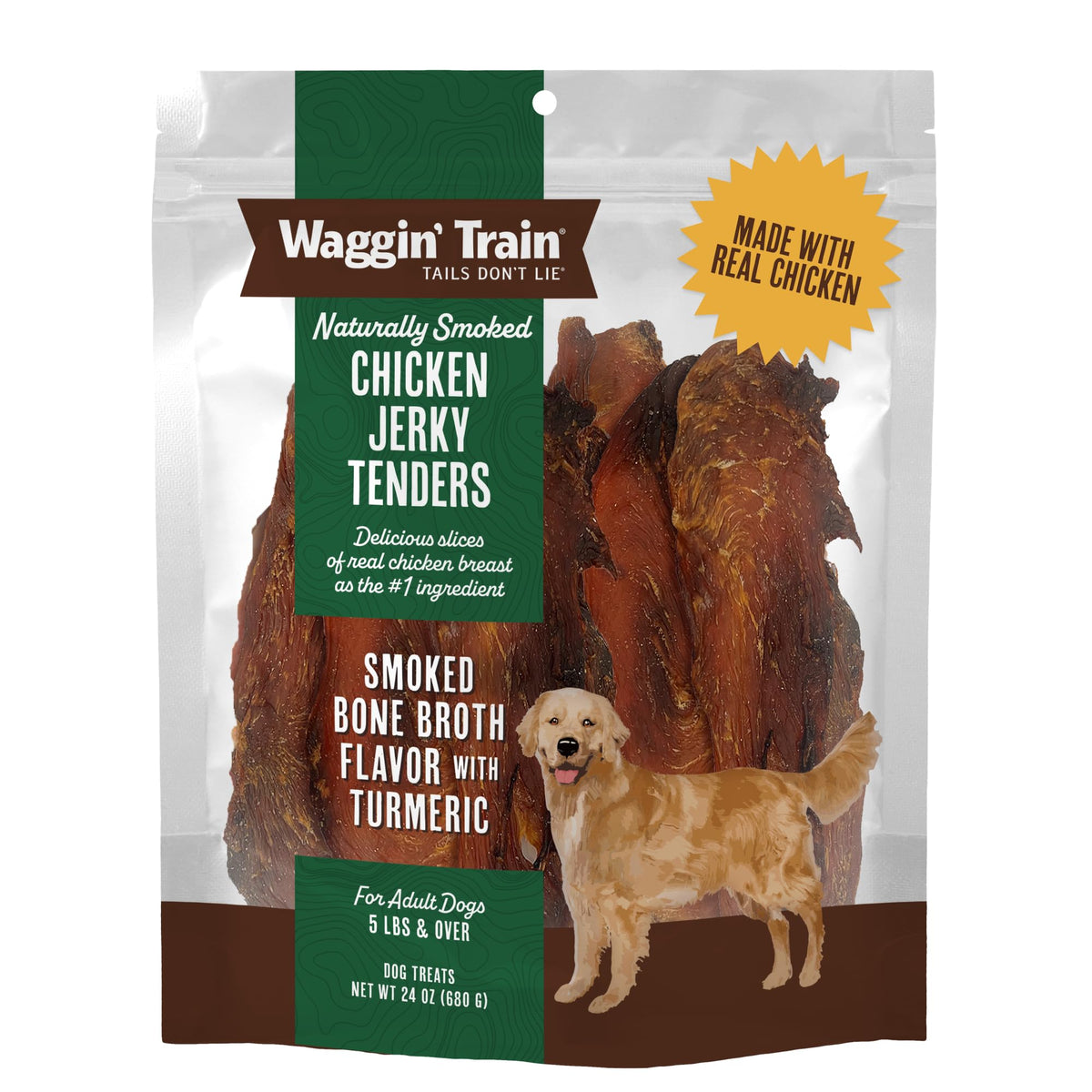 Waggin' Train frente del empaque mostrando bolsa de 24 oz y beneficios