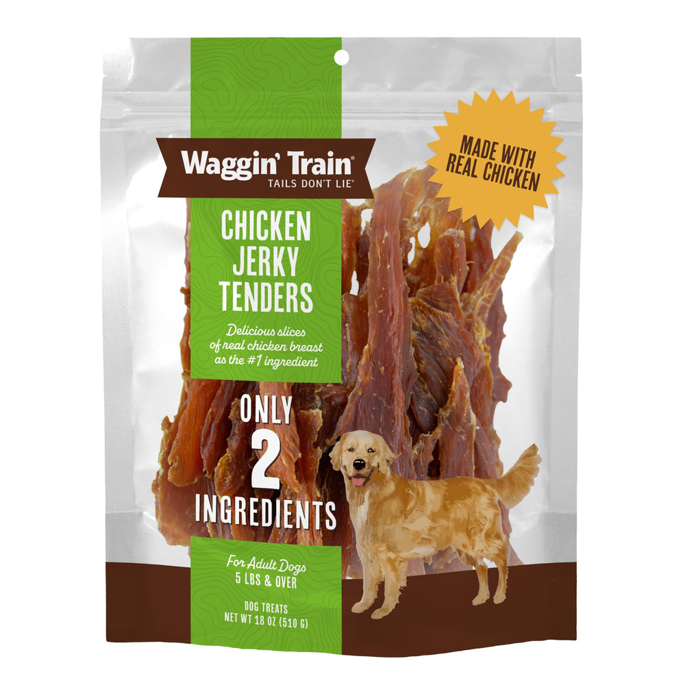 Waggin' Train frente del empaque mostrando bolsa de 18 oz y marca