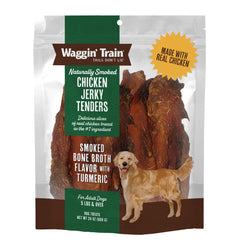 Waggin' Train frente del empaque mostrando bolsa de 24 oz y beneficios