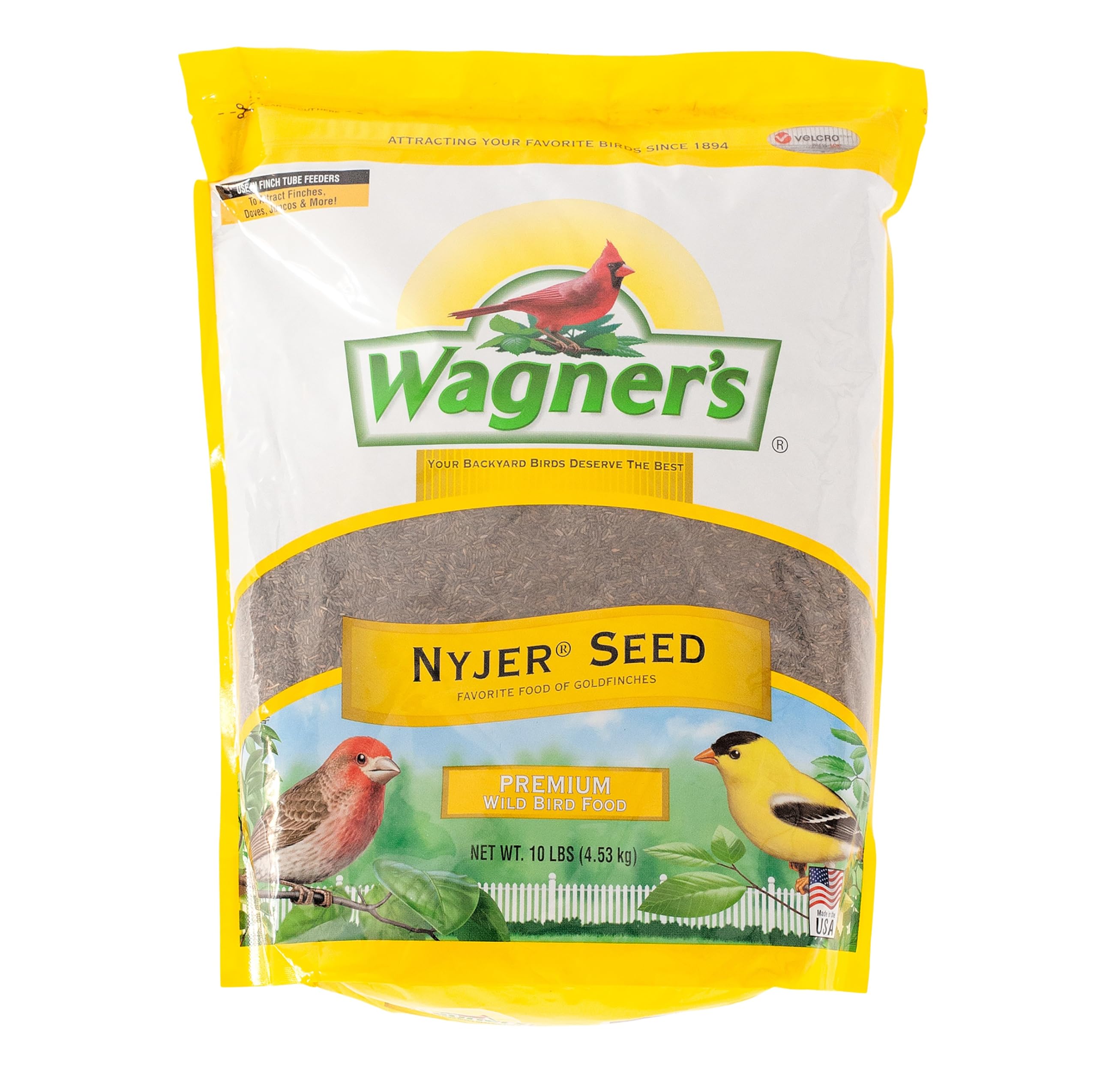 Wagner's front packaging showing 10-pound bag and brand appeal, draws finches