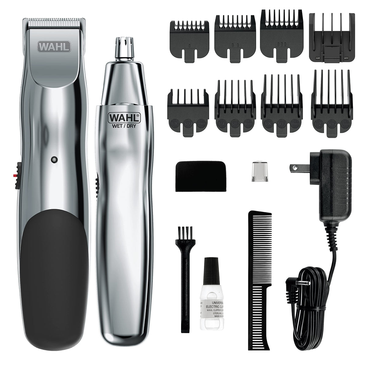 Wahl vista frontal del kit Groomsman mostrando accesorios y beneficios