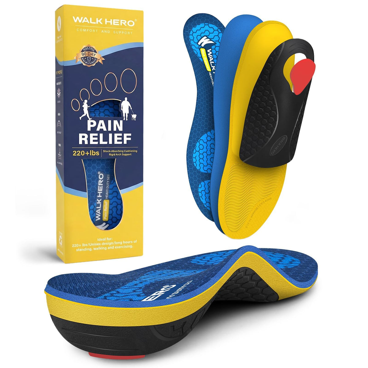 WalkHero vista frontal del empaque muestra soporte y durabilidad