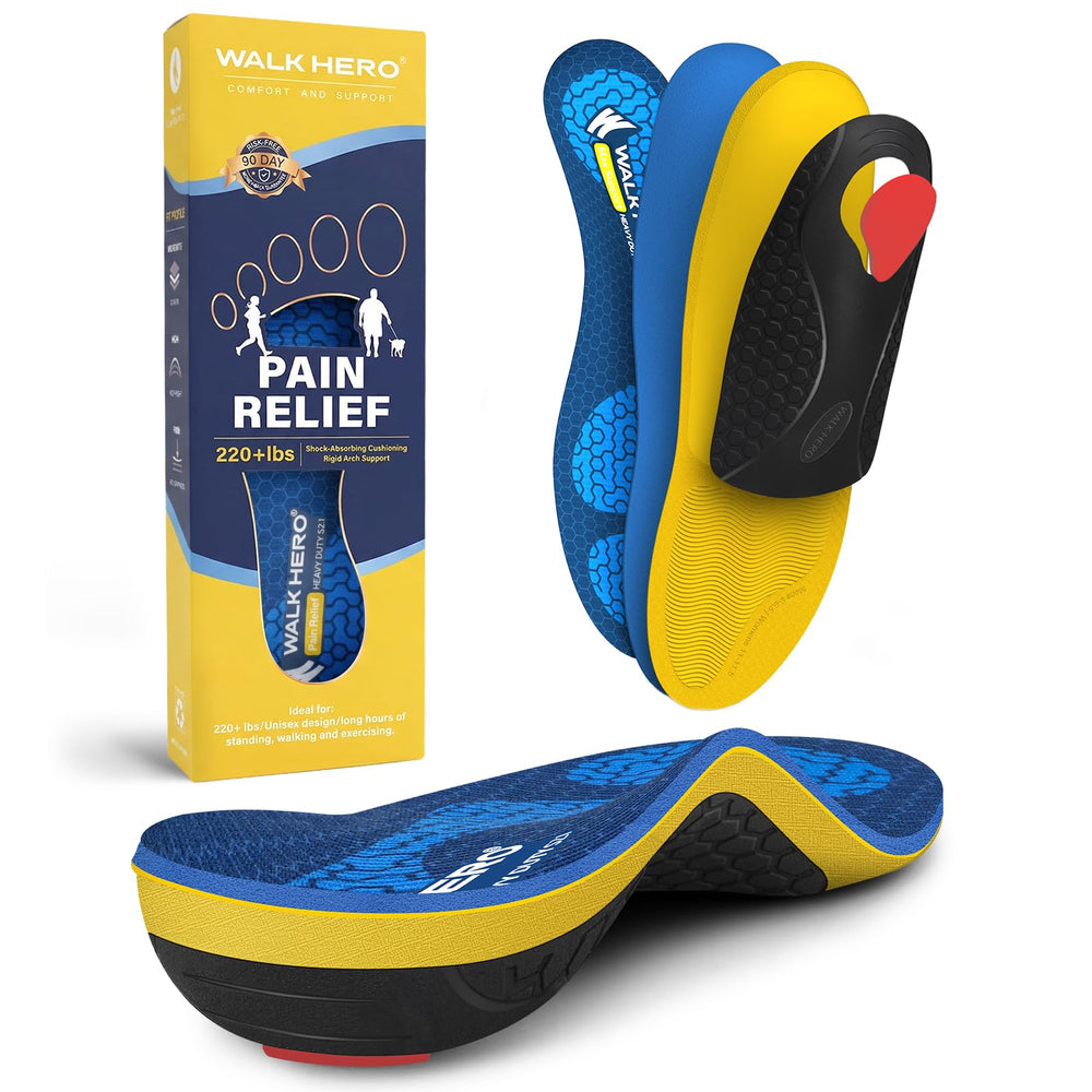 WalkHero plantilla frontal y empaque mostrando ajuste y comodidad