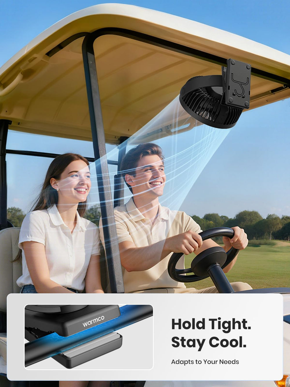 Warmco ventilador en uso en camping brindando frescor al aire libre
