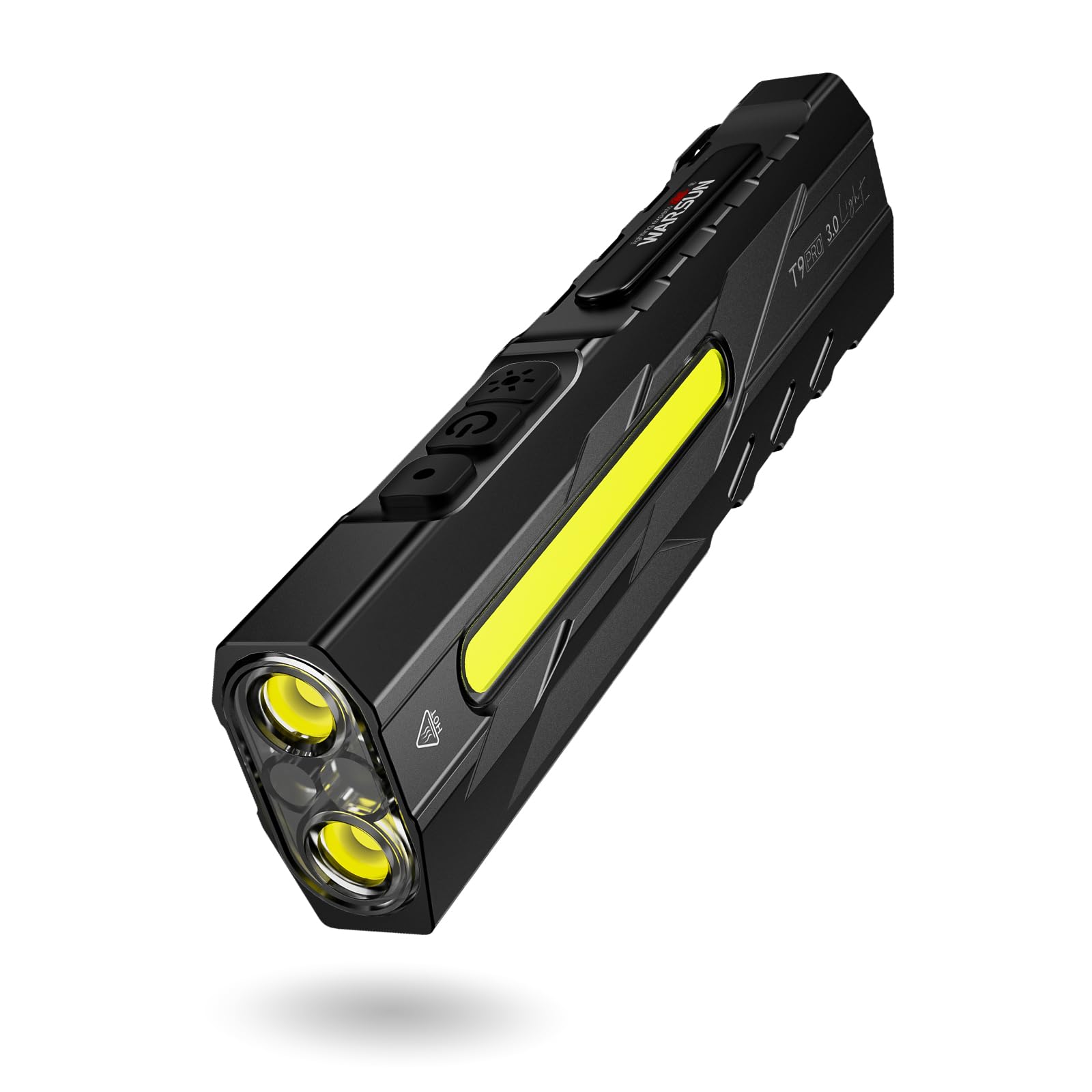 WARSUN T9PRO vista frontal del embalaje y linterna mostrando diseño robusto