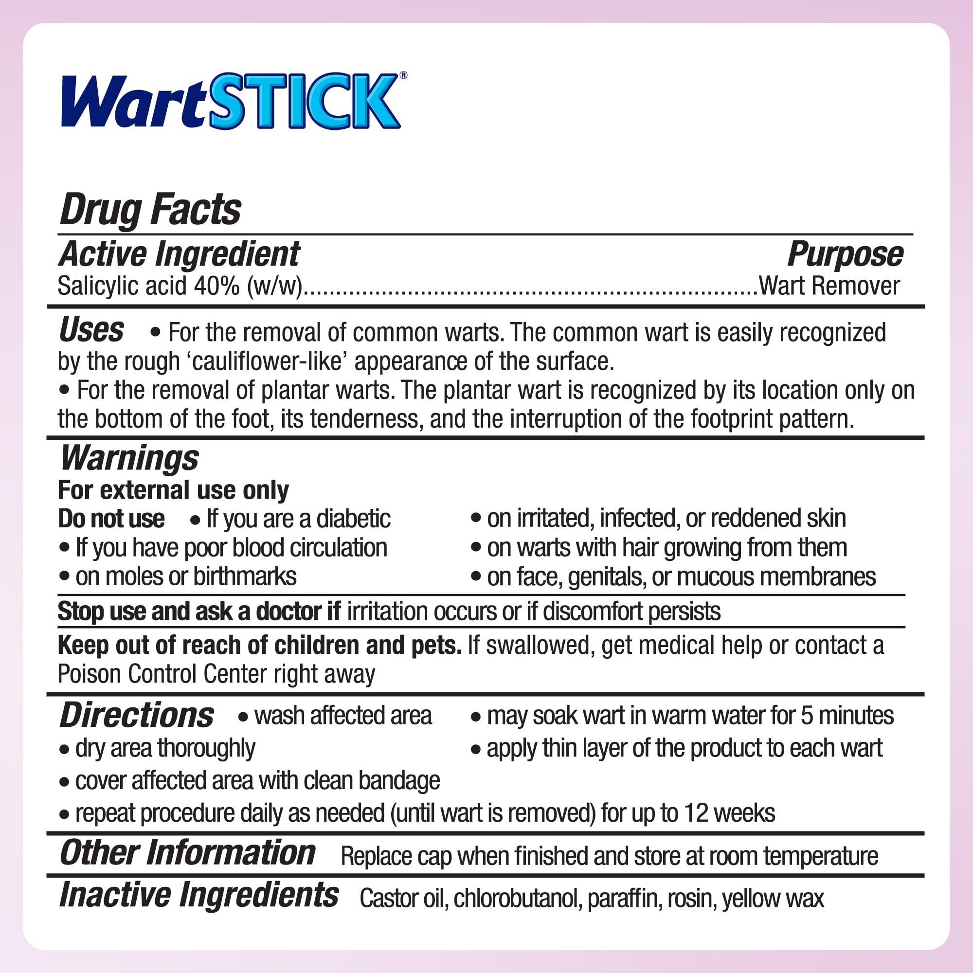 WartStick etiqueta y envase de cerca mostrando información y confianza