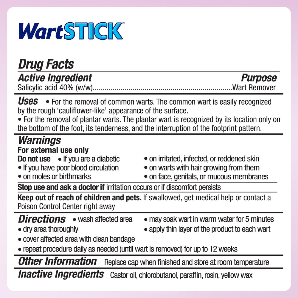 WartStick etiqueta y envase de cerca mostrando información y confianza
