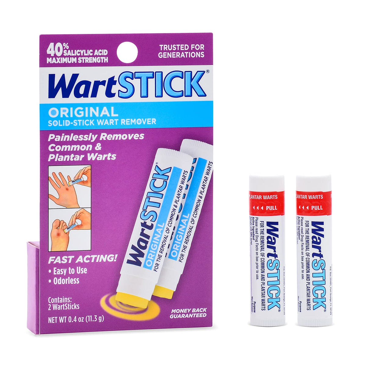 WartStick frontal del paquete mostrando dos tubos y facilidad de transporte