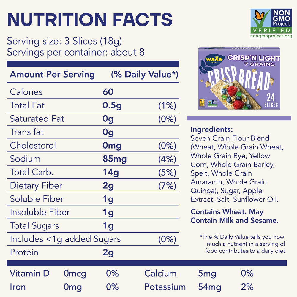 Wasa etiqueta ingredientes informando Non-GMO y datos nutricionales