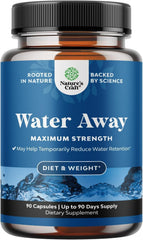 Water Away frasco frontal mostrando 90 cápsulas y diseño limpio para confianza