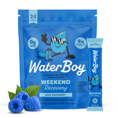 Waterboy paquete frontal blue raspberry mostrando diseño y beneficio rehidratante