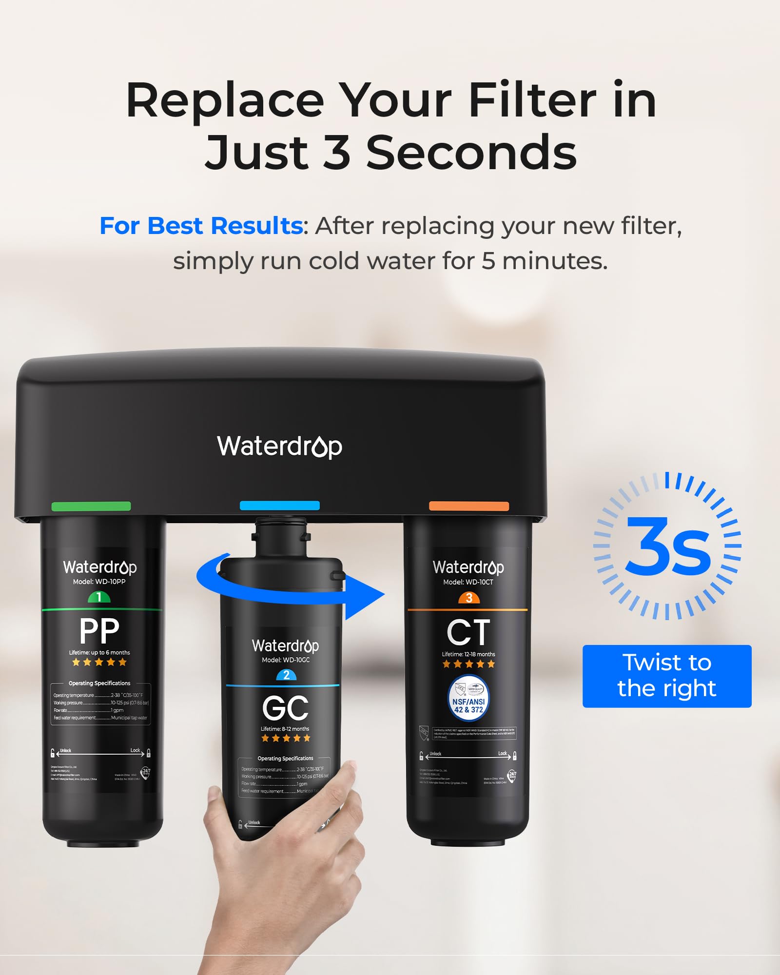 Waterdrop close-up del carbono granular GC que reduce cloro y olores