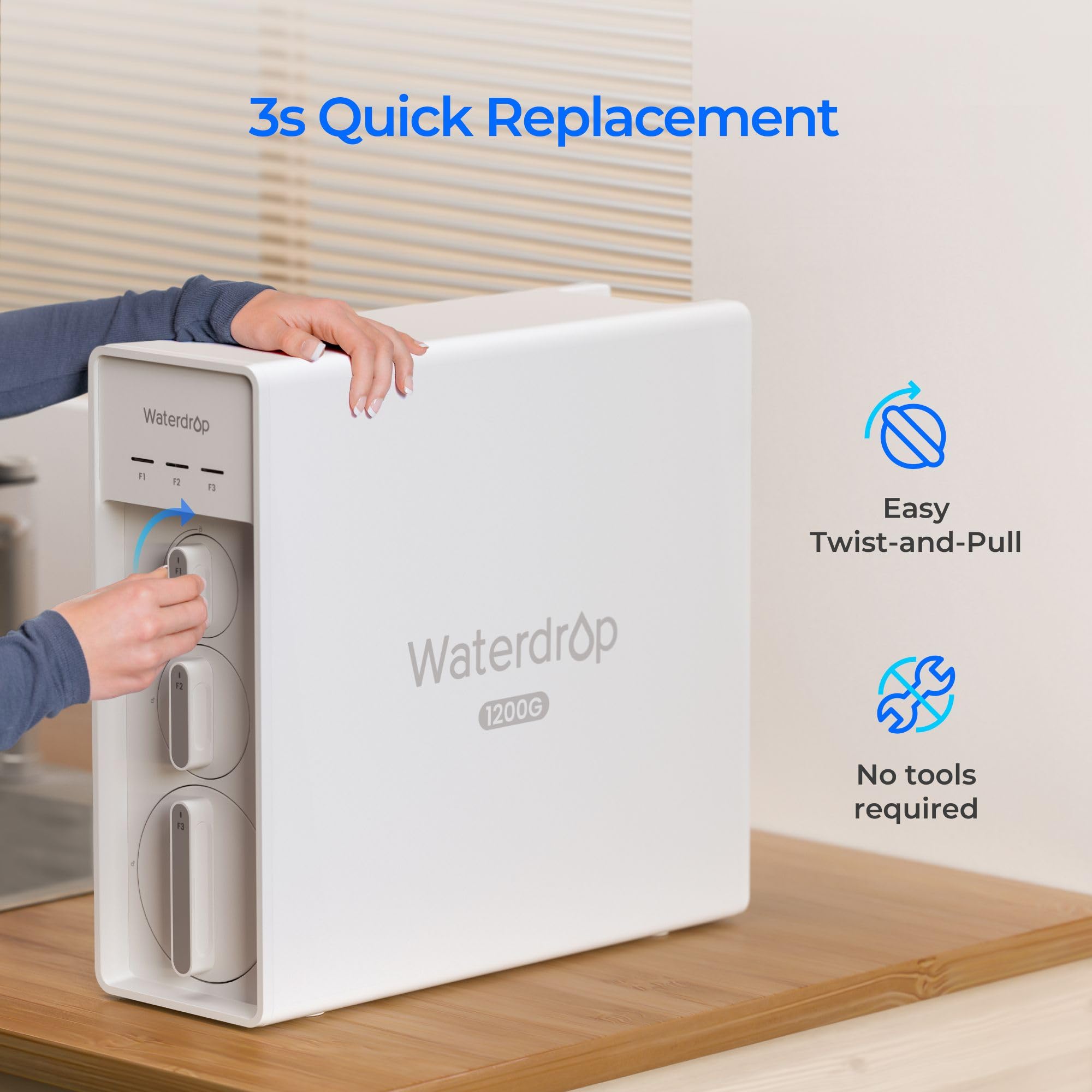 Waterdrop filtro F1A envase con etiquetado y certificaciones visibles
