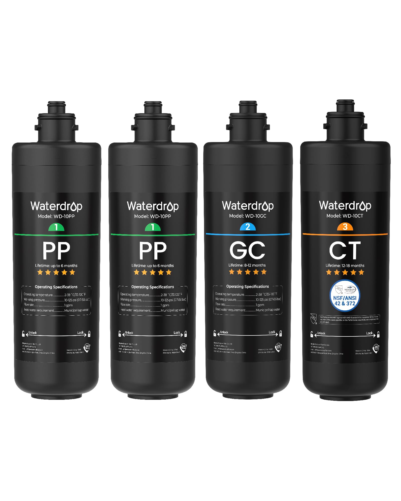 Waterdrop frontal del pack 2PPGCCT mostrando los cuatro cartuchos y compatibilidad