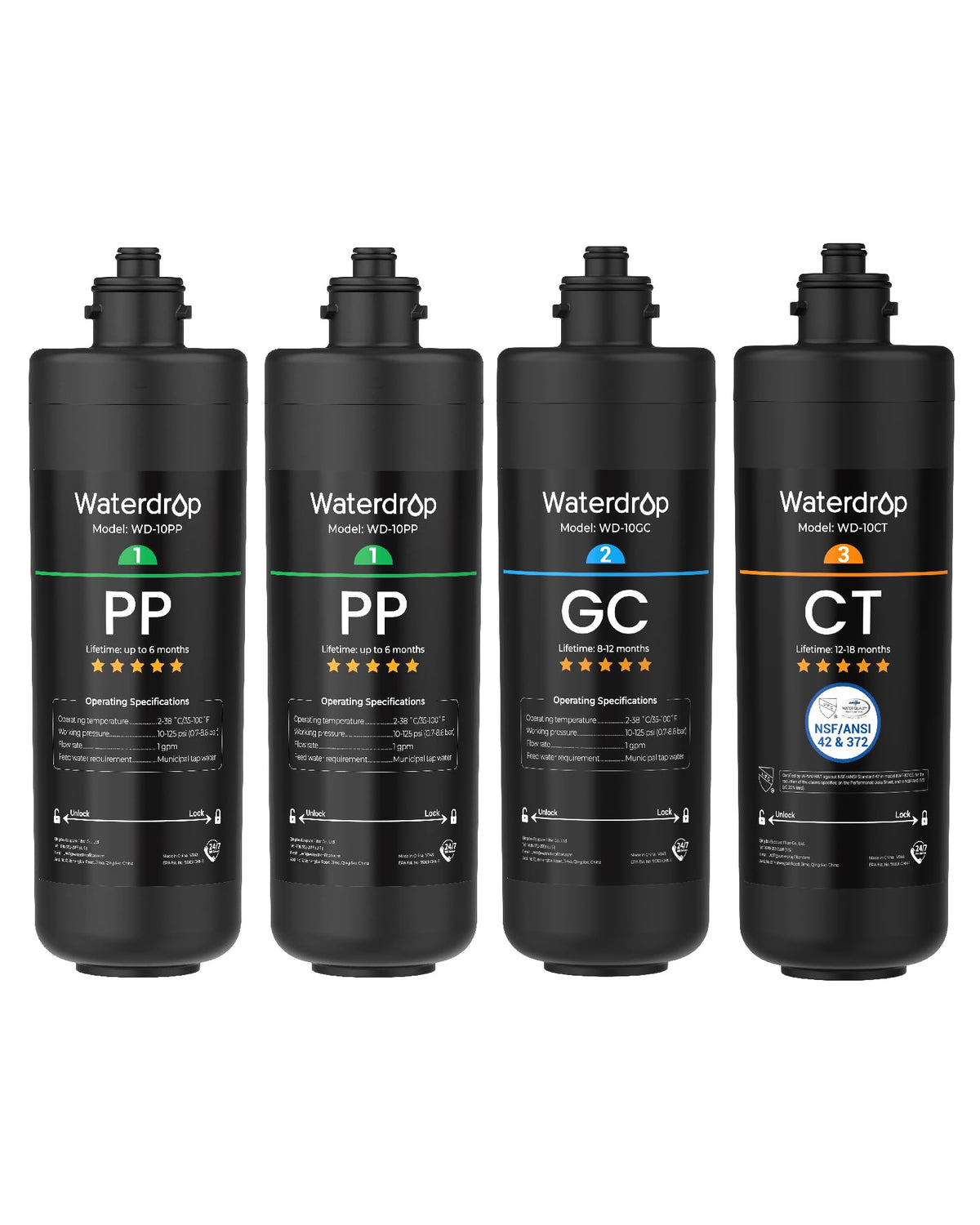 Waterdrop frontal del pack 2PPGCCT mostrando los cuatro cartuchos y compatibilidad