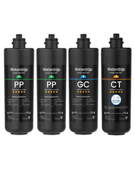 Waterdrop frontal del pack 2PPGCCT mostrando los cuatro cartuchos y compatibilidad