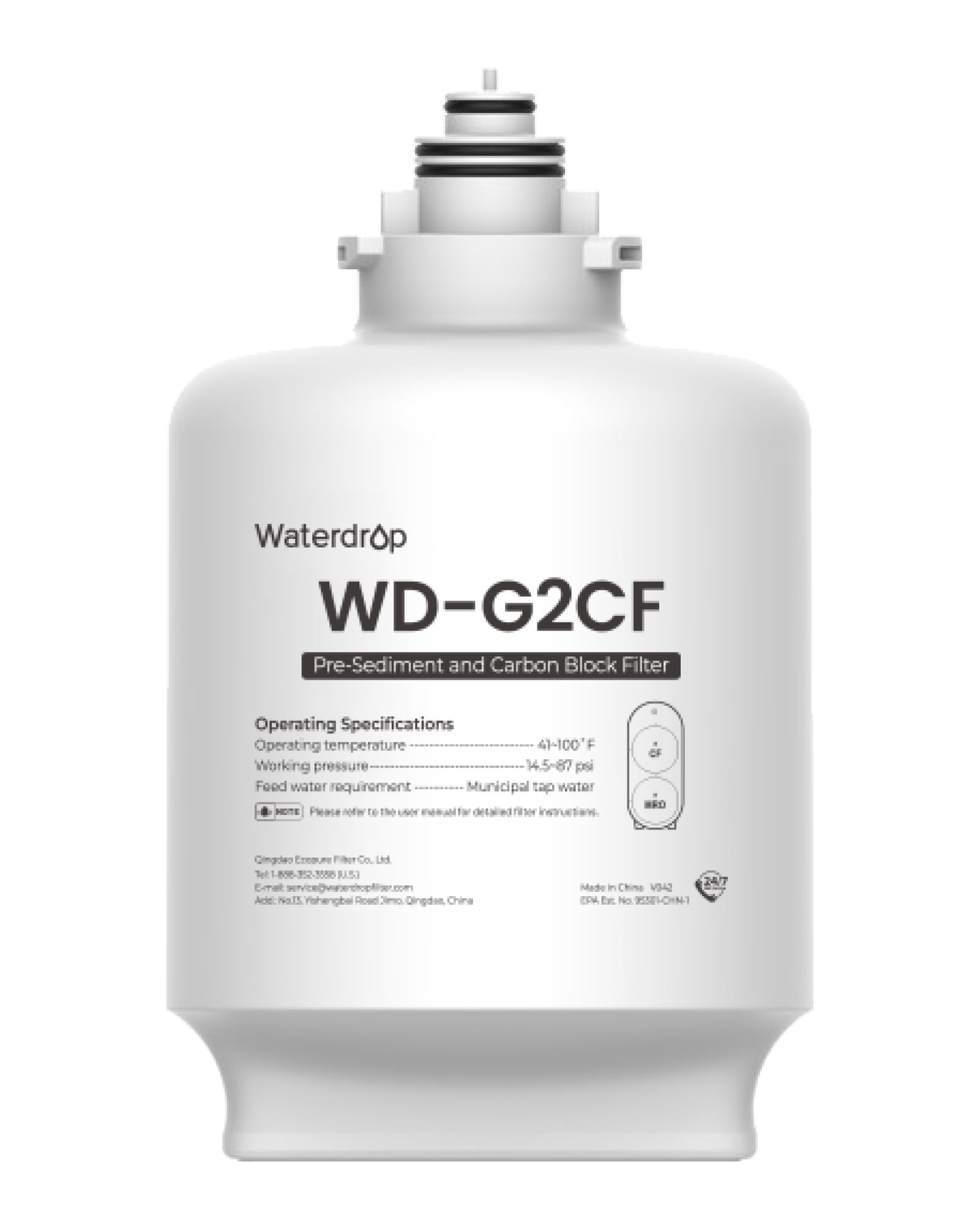 Waterdrop cartucho G2CF frontal mostrando diseño compacto y ajuste seguro