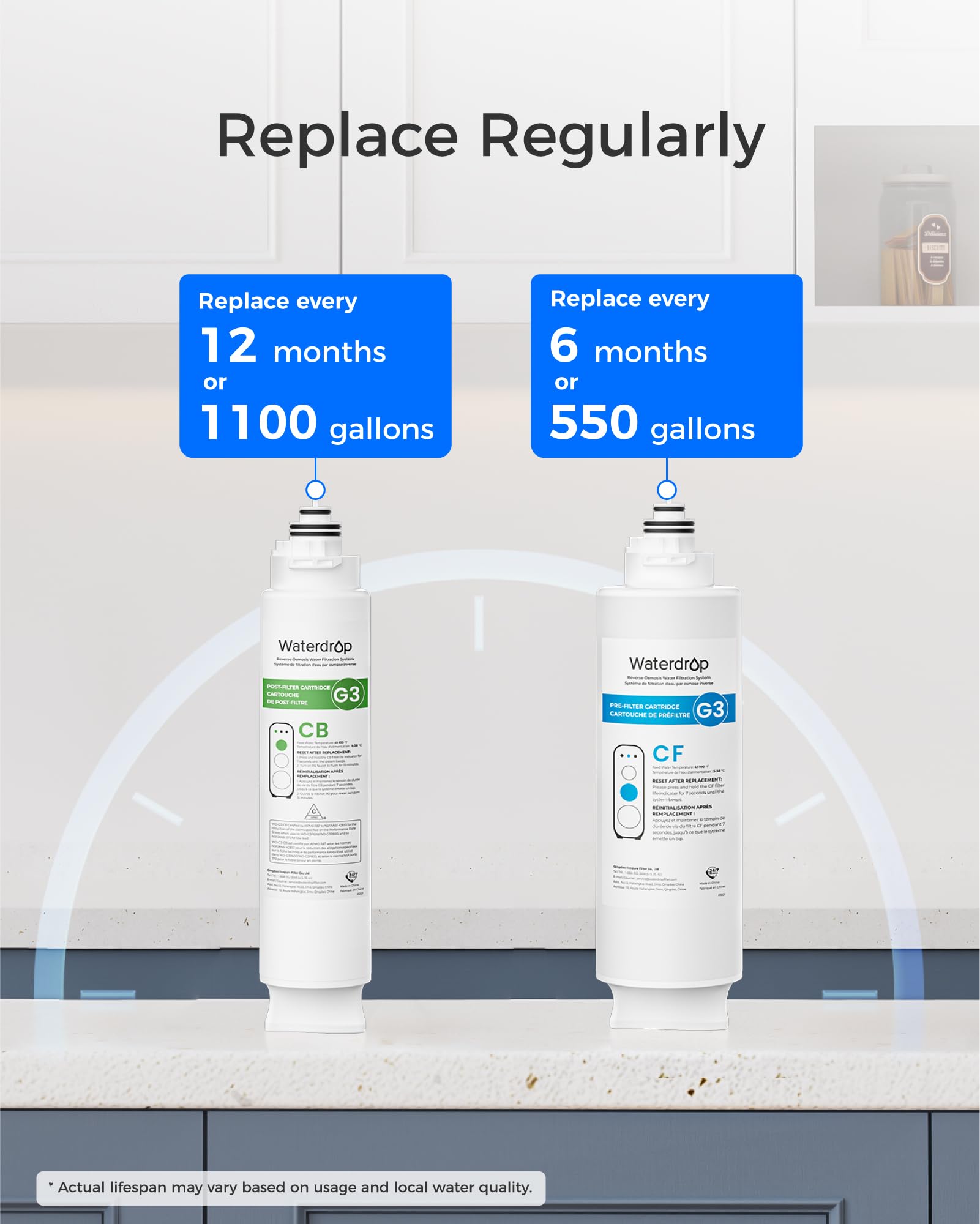 Waterdrop comparación de tamaño junto a un vaso para visualización de escala y ahorro