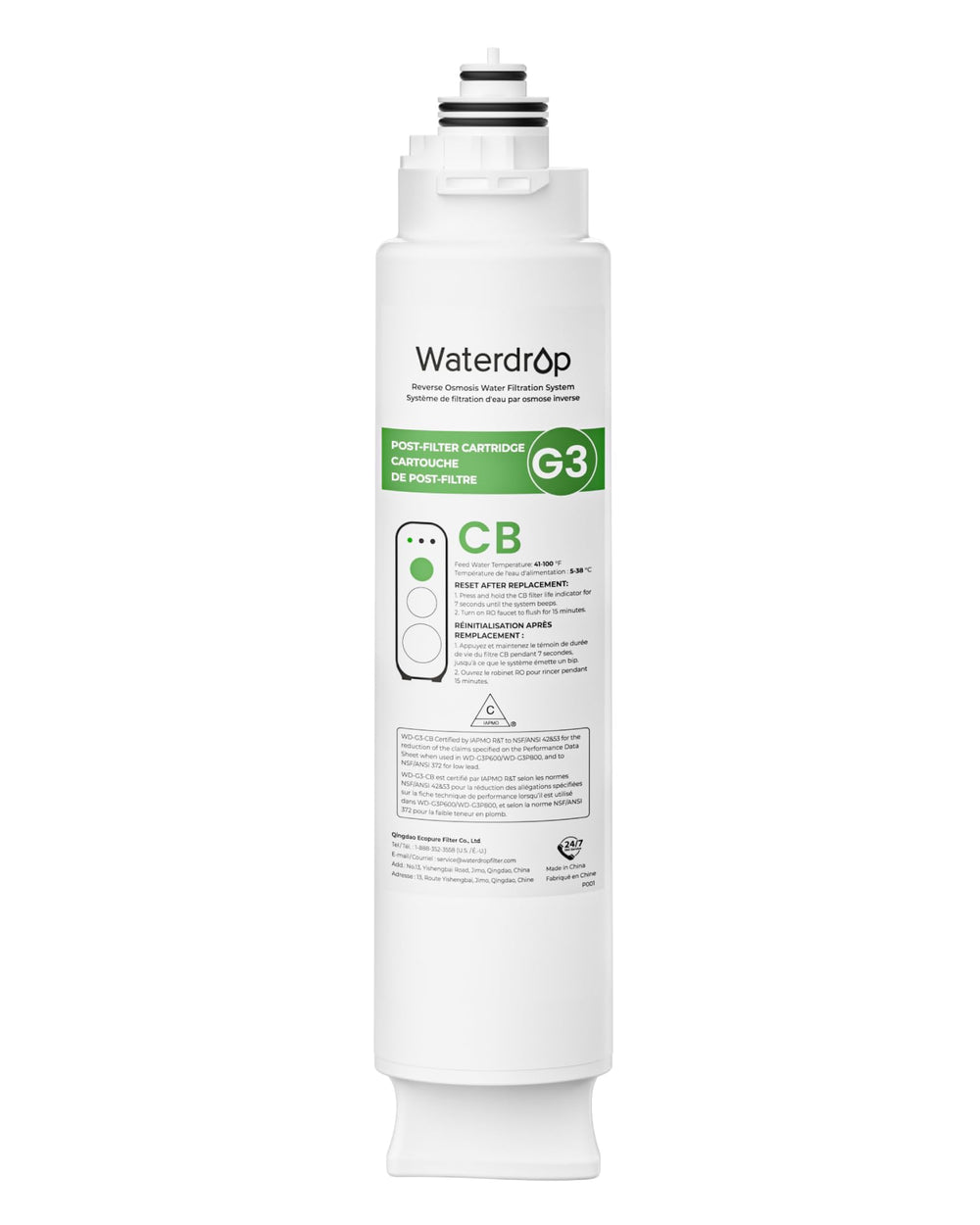 Waterdrop cartucho G3-N3CB visto de frente mostrando diseño y ajuste rápido