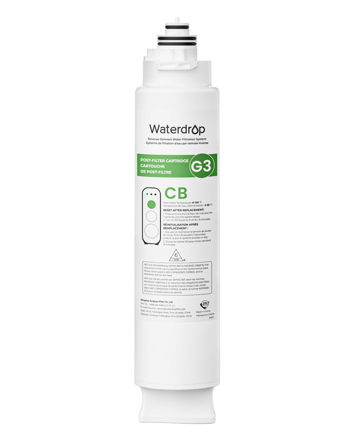 Waterdrop cartucho G3-N3CB visto de frente mostrando diseño y ajuste rápido
