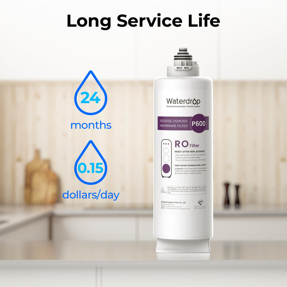 Waterdrop cartucho junto a un vaso para comparar tamaño y visualizar capacidad
