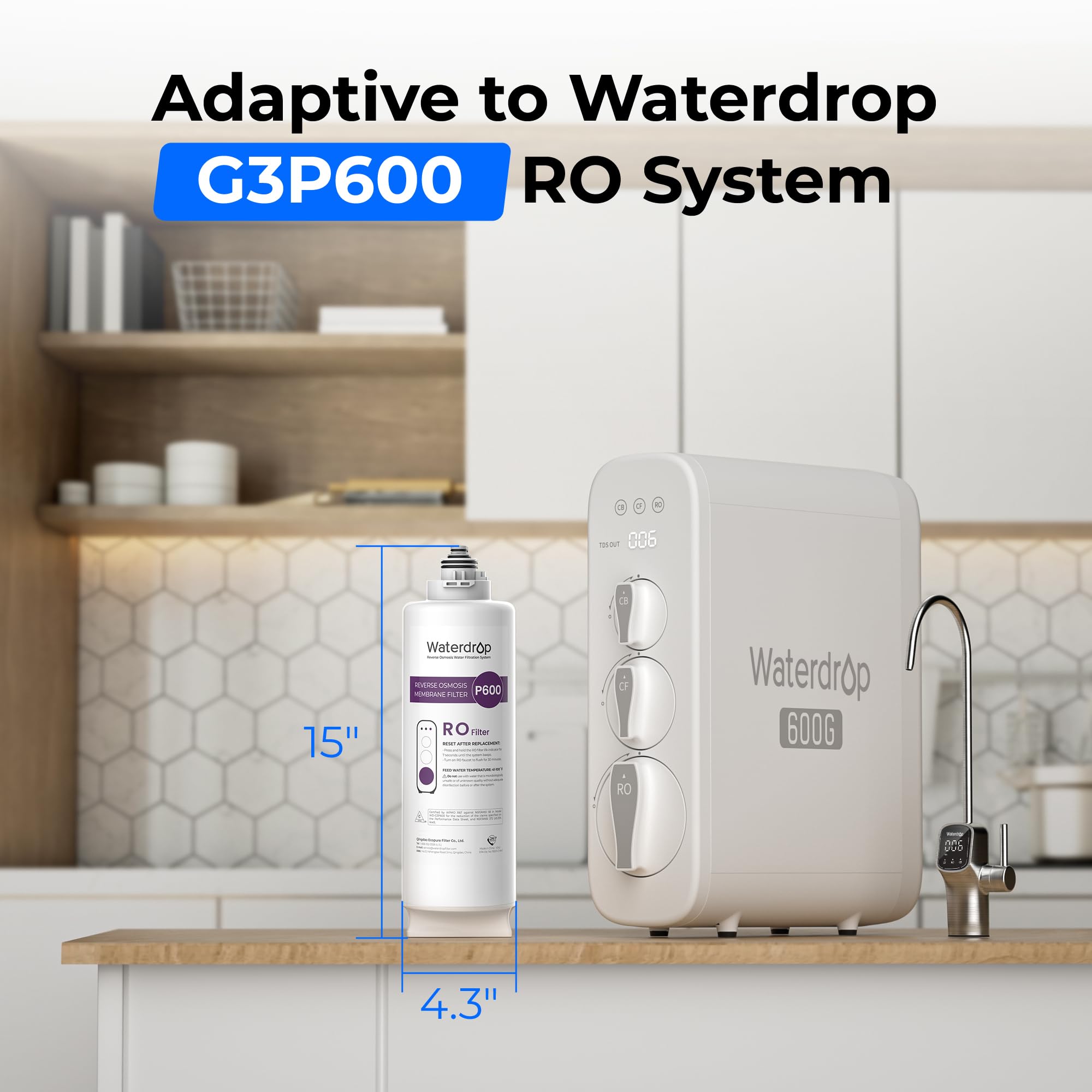 Waterdrop detalle de membrana RO destacando filtración 0,0001 μm y seguridad