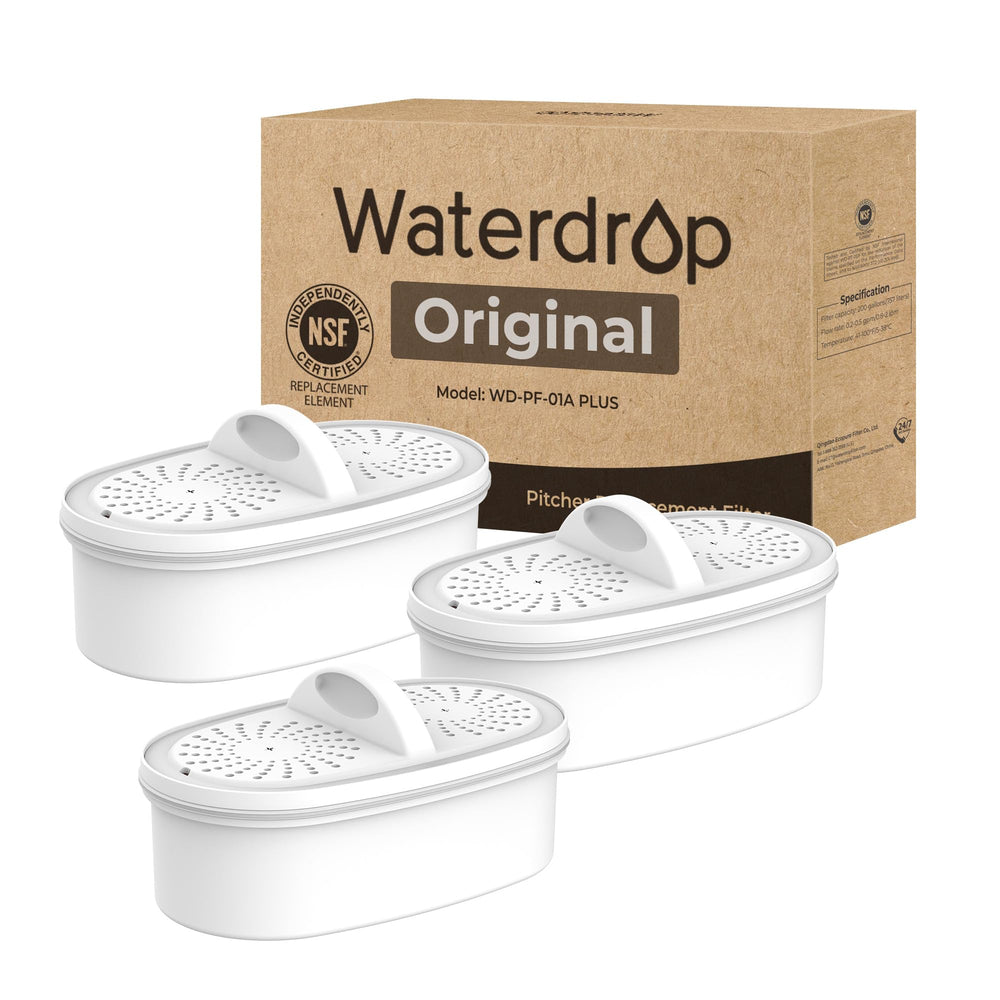 Waterdrop PF-01A frontal del paquete mostrando compatibilidad y beneficio de reemplazo