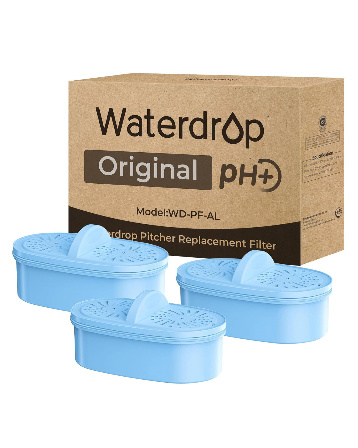 Waterdrop PF-AL frontal mostrando cartucho y compatibilidad, mejora del agua