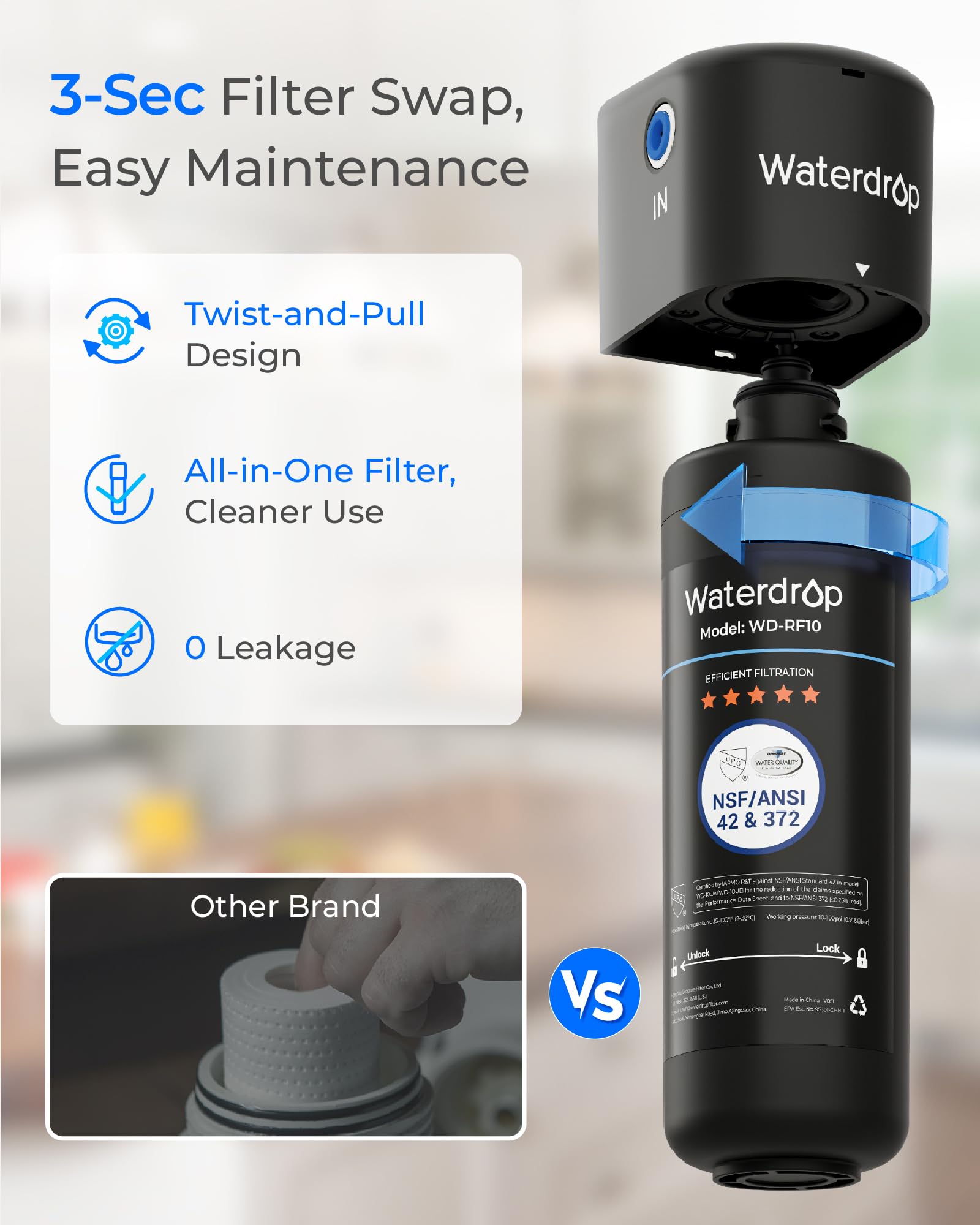 Waterdrop RF10 comparación de tamaño junto a una mano para escala precisa