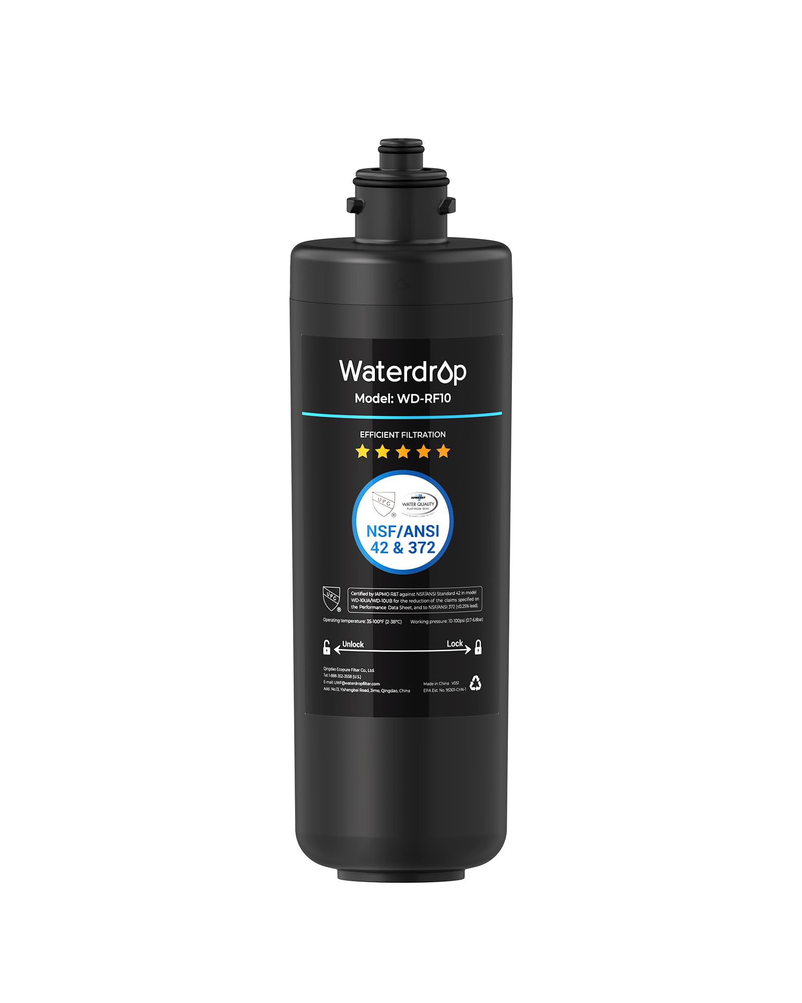 Waterdrop RF10 frente del empaque mostrando el repuesto y compatibilidad