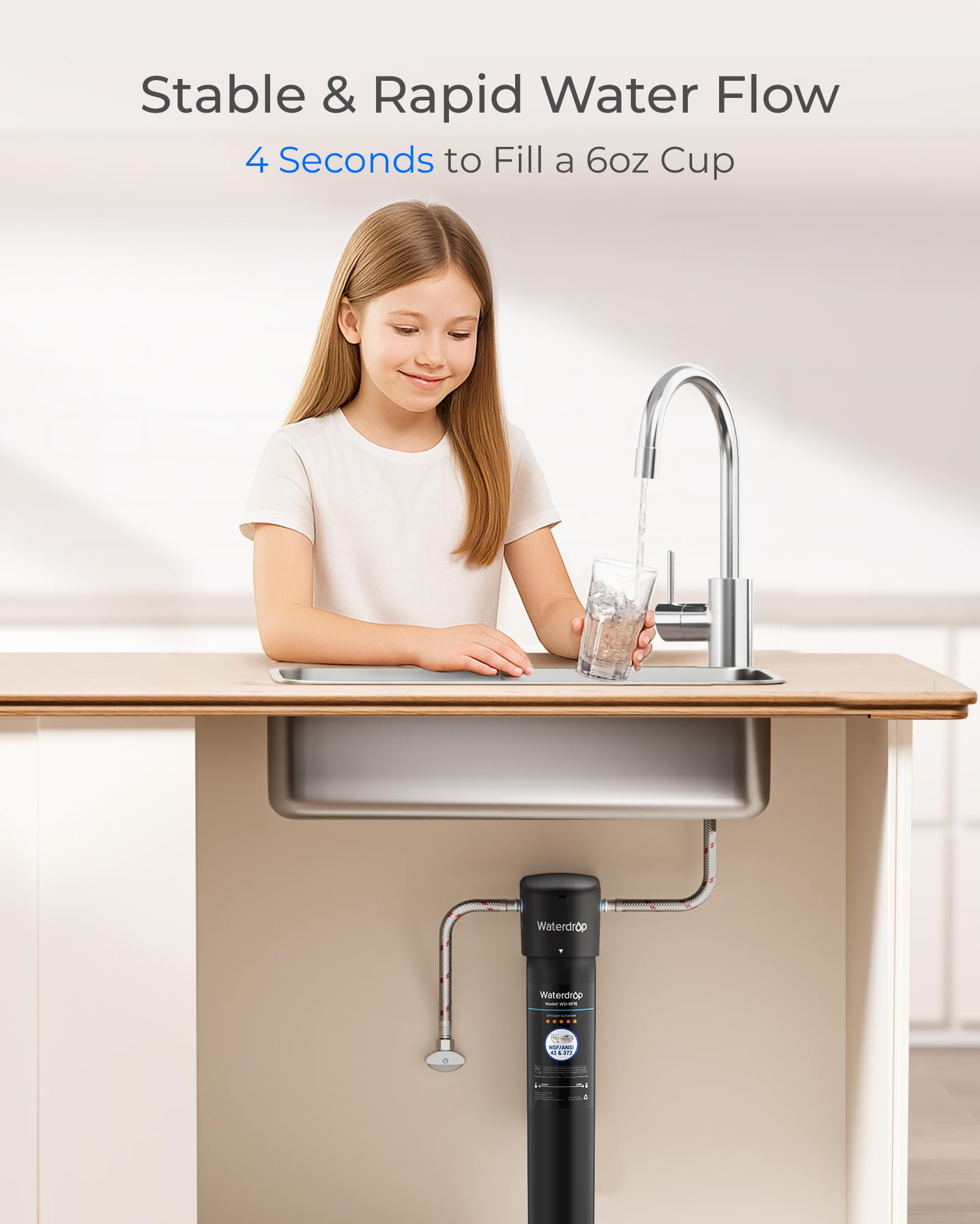 Waterdrop RF15 instalado en línea del refrigerador ilustrando suministro de agua filtrada