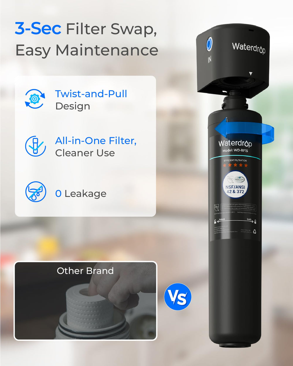 Waterdrop RF15 etiqueta certificada IAPMO visible, que aporta confianza en la calidad