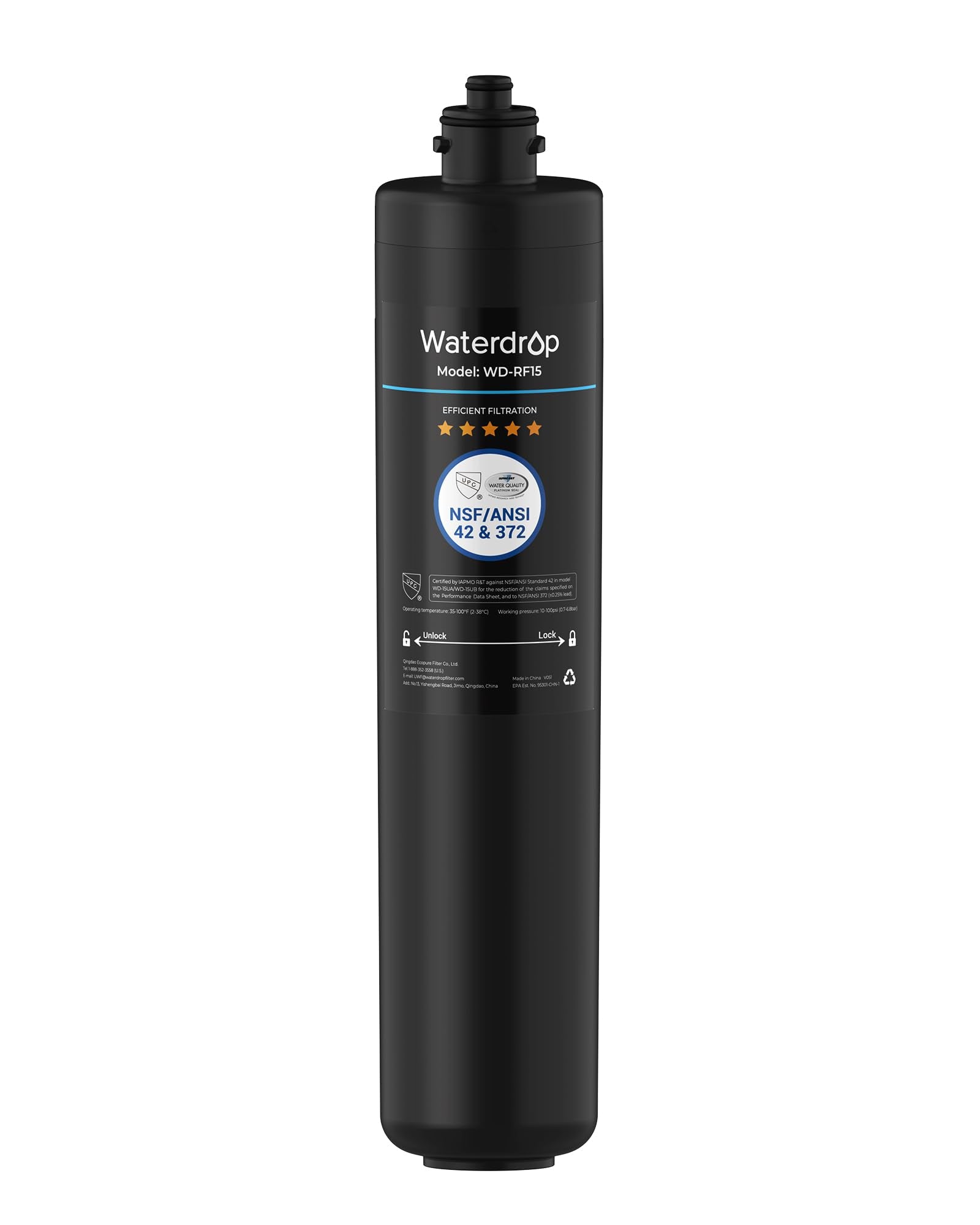 Waterdrop RF15 cartucho frontal mostrando acabado y forma beneficioso para reemplazo rápido