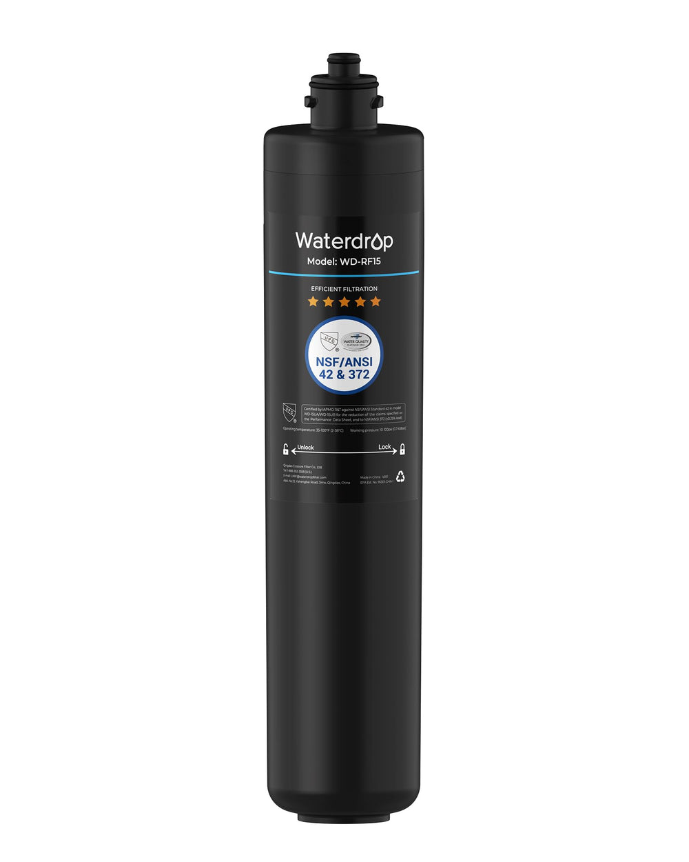 Waterdrop RF15 cartucho frontal mostrando acabado y forma beneficioso para reemplazo rápido