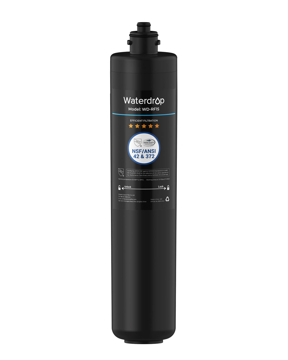 Waterdrop RF15 cartucho frontal mostrando acabado y forma beneficioso para reemplazo rápido