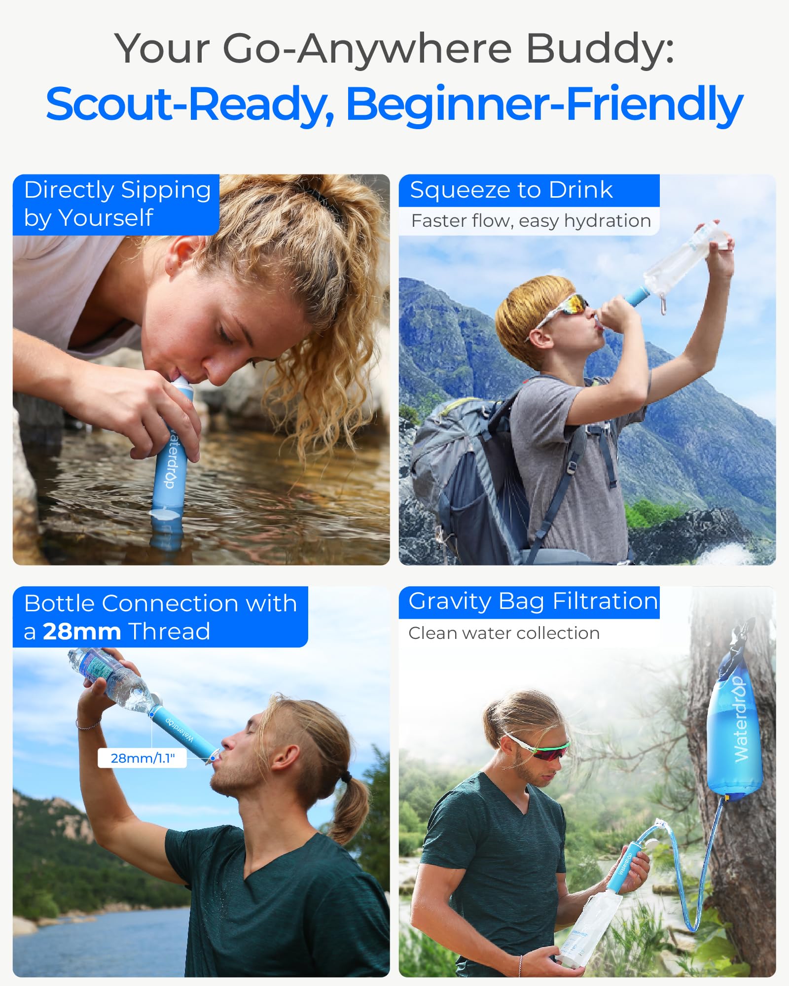 Waterdrop en uso durante camping permitiendo beber agua filtrada fácilmente