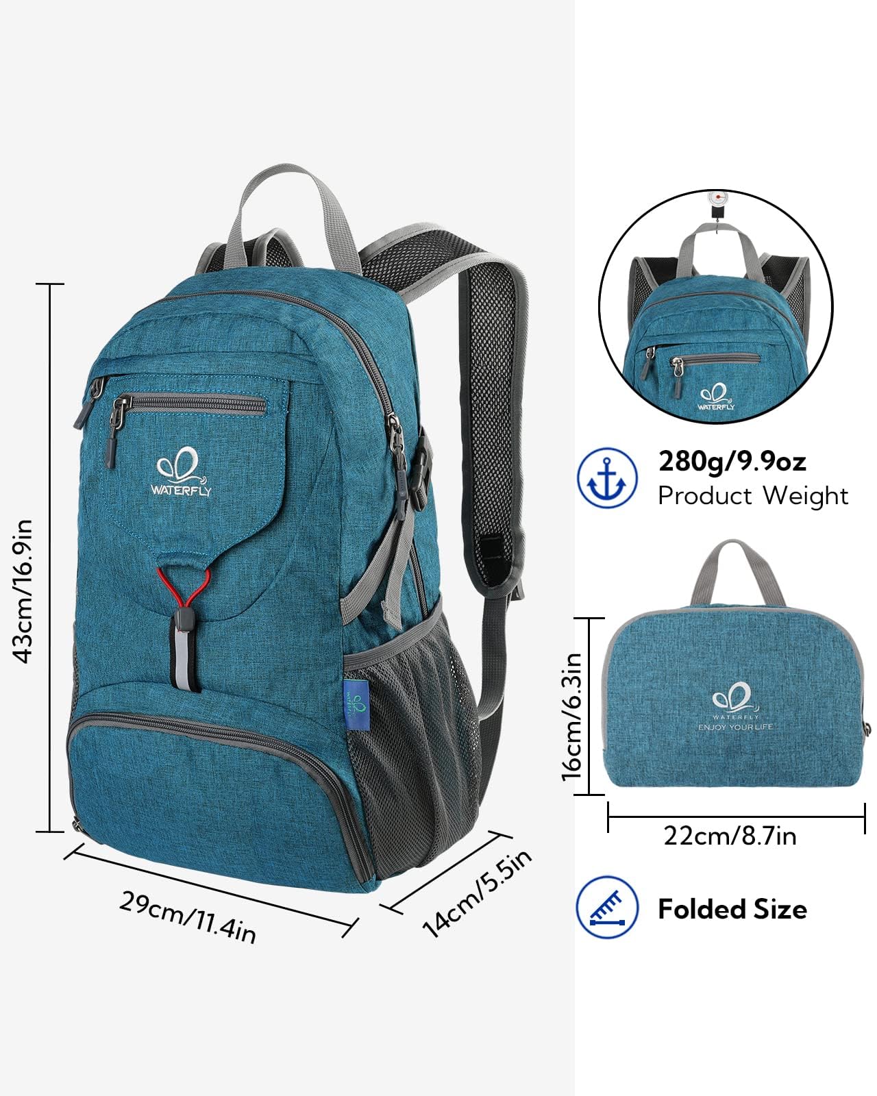 WATERFLY folded pocket-size backpack demonstrating space-saving travel benefit