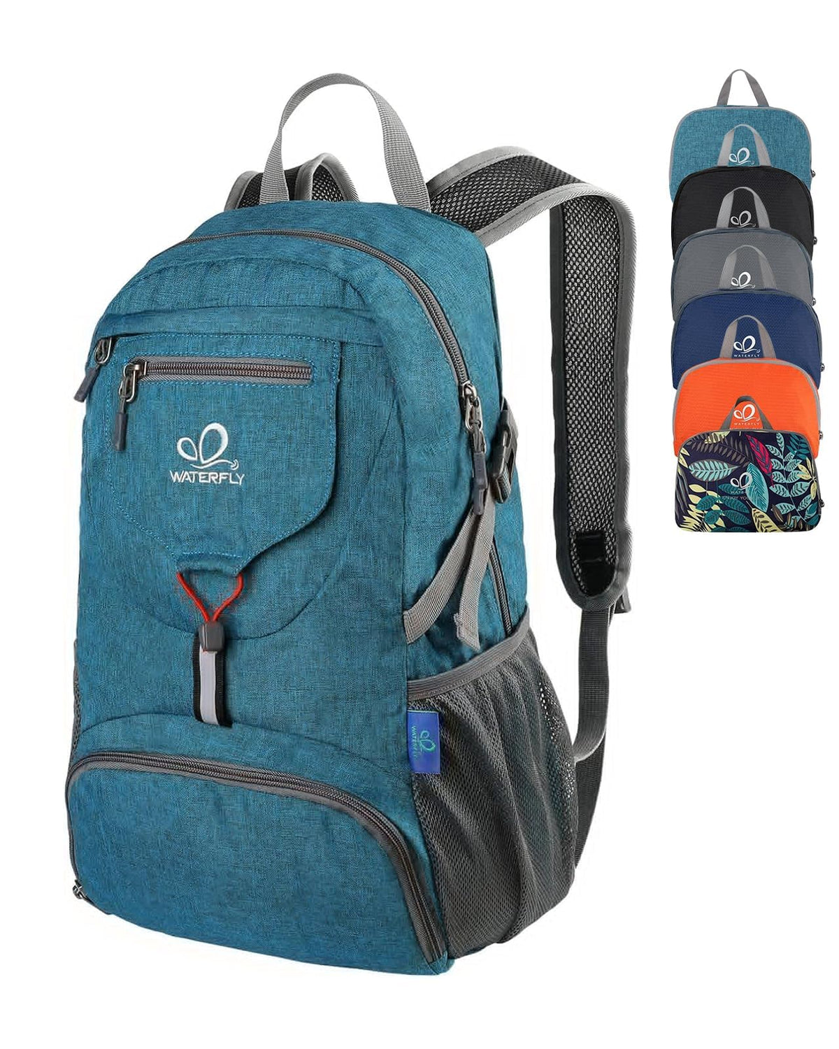 WATERFLY front view of packable backpack showing compact silhouette and easy access pockets