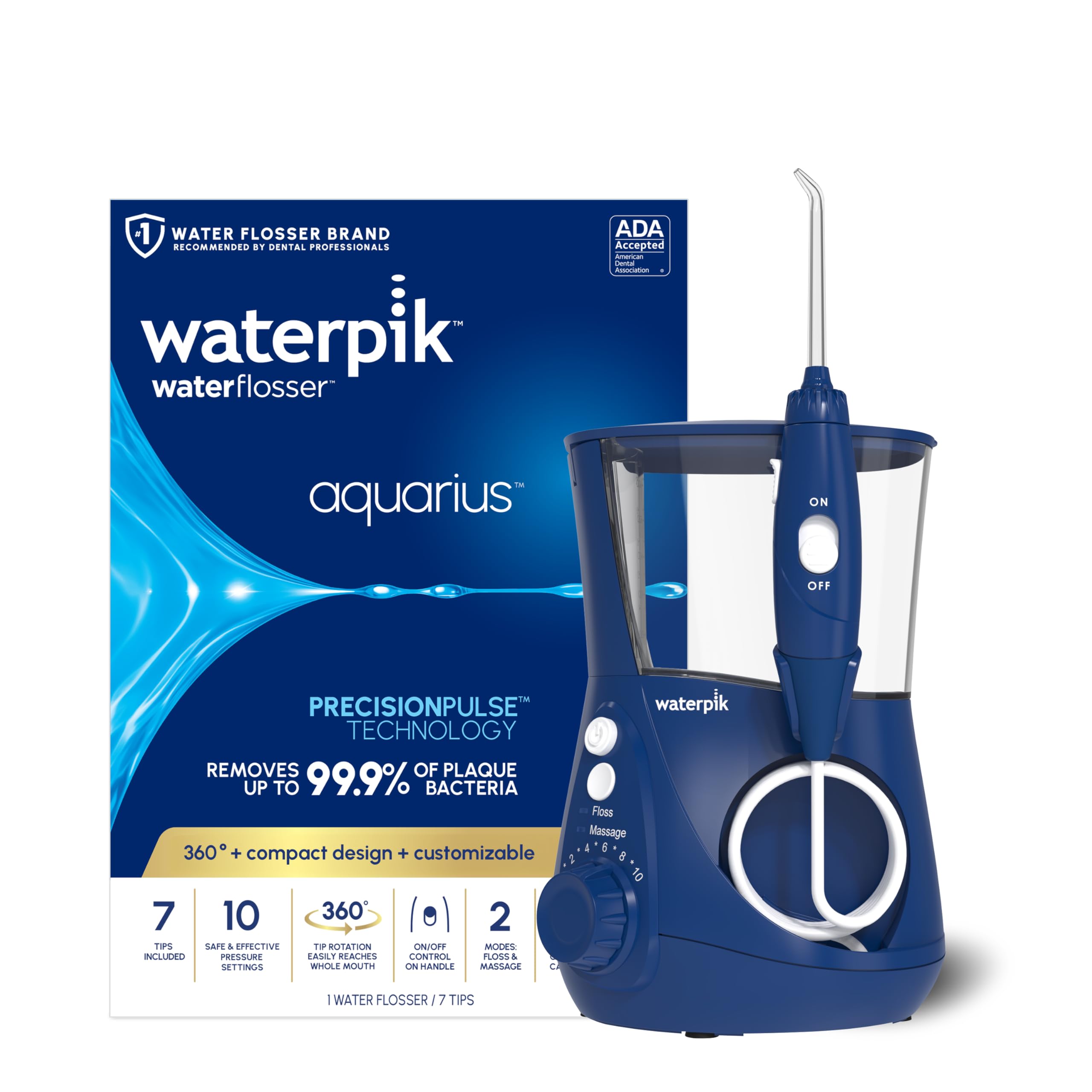 Waterpik Aquarius vista frontal azul mostrando diseño compacto y beneficio limpieza completa
