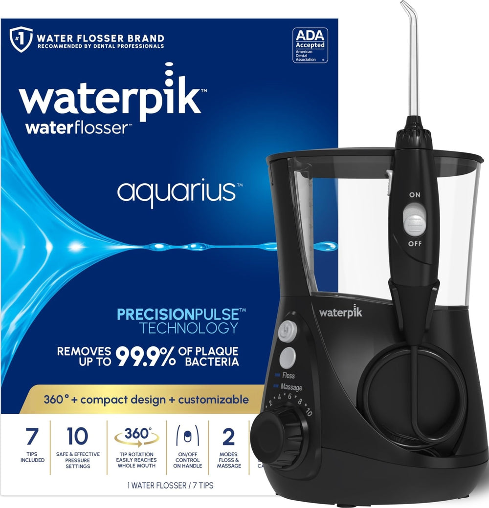 Waterpik Aquarius frontal en negro mostrando diseño compacto y rendimiento